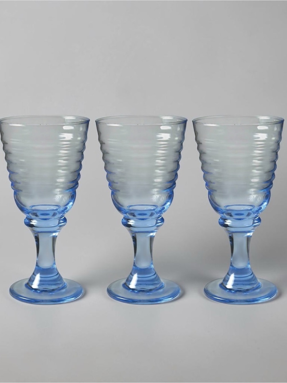 Set of 3 Libbey Sirrus Blue Wine Water Goblets Spool Stem Glasses Vintage 7"